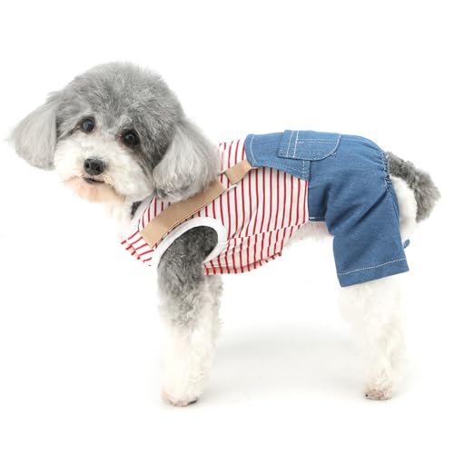 Zunea Denim-Hunde-Pyjama für kleine Hunde, gestreift, Jeans-Pyjama, Jumpsuit mit D-Ring, für Welpen, Mädchen, Jungen, Kleidung, Schlafanzug, Ganzkörperanzug, Strampler, Chihuahua, Yorkie, Rot, Größe L Zunea Denim-Hunde-Pyjama für kleine Hunde, gestreift, Jeans-Pyjama, Jumpsuit mit D-Ring, für Welpen, Mädchen, Jungen, Kleidung, Schlafanzug, Ganzkörperanzug, Strampler, Chihuahua, Yorkie, Rot, Größe L von Zunea