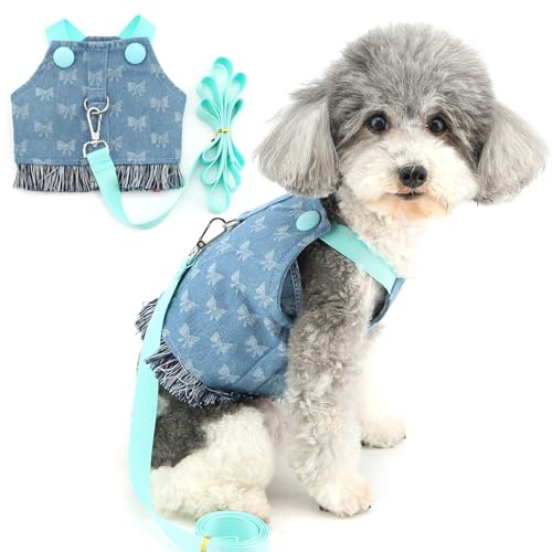 Zunea Denim-Hundegeschirr und Leine, Set für kleine Hunde, niedliche Schleife, Welpen, Mädchen, Weste, Geschirr, kein Ziehen, ausbruchsicher, Haustiergeschirr, Weste, Kleidung mit D-Ring, Zunea Denim-Hundegeschirr und Leine, Set für kleine Hunde, niedliche Schleife, Welpen, Mädchen, Weste, Geschirr, kein Ziehen, ausbruchsicher, Haustiergeschirr, Weste, Kleidung mit D-Ring, von Zunea