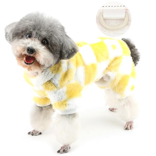 Zunea Fuzzy Hundepullover Pyjama Jumpsuit mit D-Ring für Kleine Hunde weiches Fleece Welpen Pyjamas Kleidung kariert Winter Warmer Pullover kaltes Wetter Chihuahua Yorkie Outfits Gelb XL von Zunea