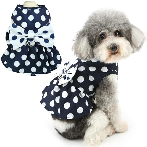 Zunea Gepunktetes Hunde Kleider für Kleine Hunde Sommer Welpenkleidung Rock mit D-Ring Süßes Weibliches Prinzessinnenkleid mit Schleife Weiches Haustier Kleid Katzenkleid Chihuahua Kleidung Blau S von Zunea