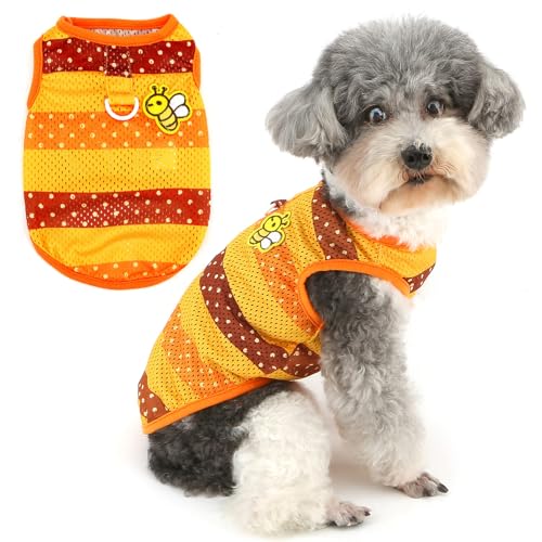 Zunea Gestreifte Hunde-Shirts für kleine Hunde, weiches, atmungsaktives Netzgewebe, Sommer-Welpenweste, T-Shirt mit Leinen-Ring und Bienenmuster, Pullover, Größe XS/S, Haustierkleidung, Tanktop von Zunea