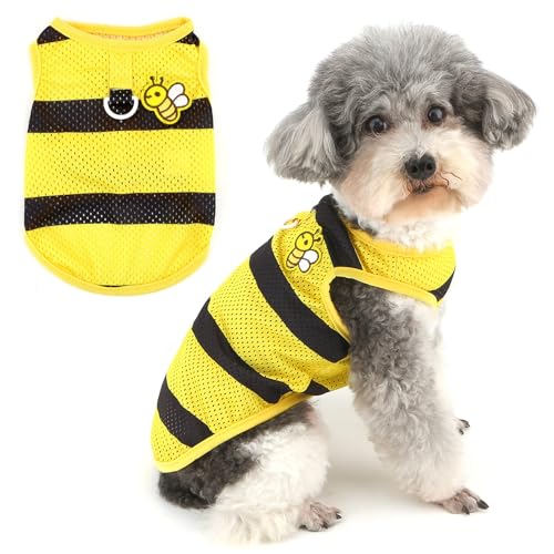 Zunea Gestreifte Hunde-Shirts für kleine Hunde, weiches, atmungsaktives Netzgewebe, Sommer-Welpenweste, T-Shirt mit Leinen-Ring und Bienenmuster, Pullover, Größe XS/S, Haustierkleidung, Tanktop von Zunea