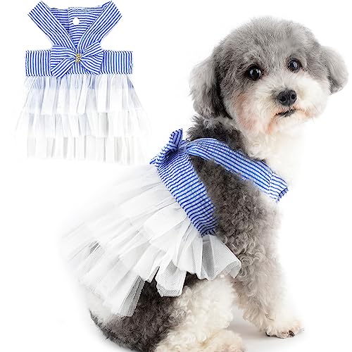 Zunea Gestreifte Hundekleider für Kleine Hunde Mädchen Sommer Tutu Prinzessin Kleid mit Bowknot Stufige Tüll Hunde Geburtstag Party Kleider Strapse Welpenkleidung Weste Rock Hochzeitskleid Weiß L von Zunea