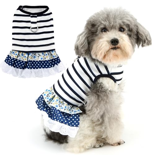 Zunea Gestreiftes Welpen-Hundekleid für kleine Hunde, Sommer-Rock mit Blumenmuster und Punkten, Rock mit D-Ring, weich, atmungsaktiv, Welpenprinzessin-Kleid, Weste, Kleidung, Pullover, weibliches von Zunea