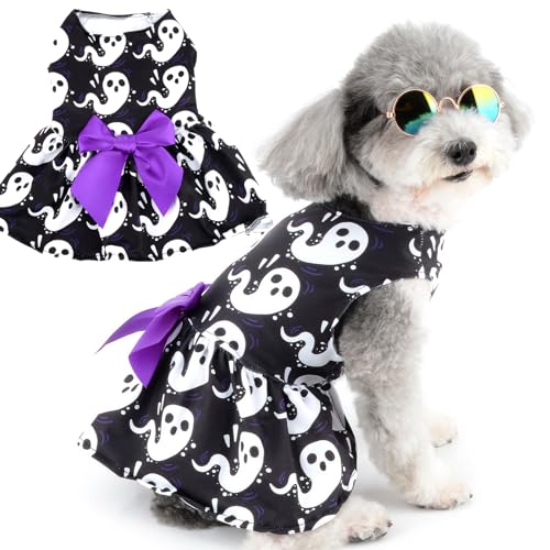 Zunea Halloween Hundekleider für Kleine Hunde Katzen Geister Aufdruck Welpen Mädchen Halloween Kostüme Verkleidung Weicher Haustierrock mit Schleifenknoten Chihuahua Yorkie Kleidung Outfits Schwarz S von Zunea