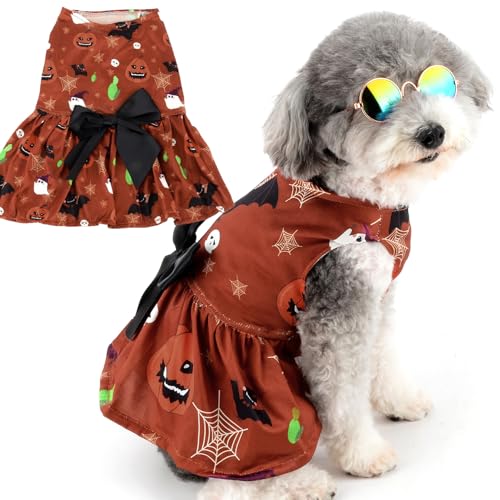 Zunea Halloween Hundekleider für Kleine Hunde Katzen Kürbis/Geister/Fledermaus Aufdruck Welpen Halloween Kostüme Verkleidung Weicher Haustierrock mit Schleifenknoten Chihuahua Yorkie Kleidung Braun L von Zunea