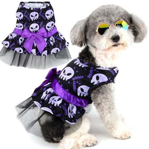 Zunea Halloween Hundekleider für Kleine Hunde Katzen Totenköpfe Welpen Mädchen Halloween Kostüme Verkleidung Weicher Haustier Lagen Spitzenrock mit Schleifenknoten Chihuahua Yorkie Kleidung Schwarz M von Zunea
