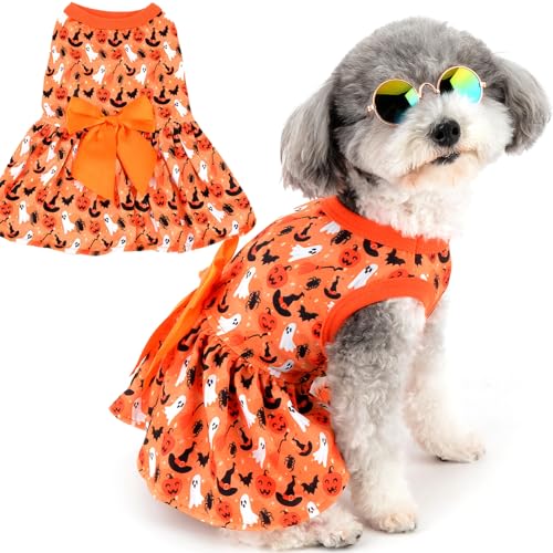 Zunea Halloween Hundekleider für kleine Hunde Katzen Kürbis/Geister/Fledermaus/Spinnendruck Welpen Halloween Kostüme Verkleidung Weicher Haustierrock mit Schleifen Chihuahua Yorkie Kleidung Orange S von Zunea