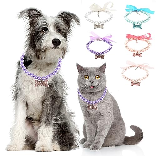 Zunea Hund Katze Perlenketten Halsband mit Bling Kristall Strass Knochen Charm Anhänger Kleine Welpen Hunde Mädchen Verstellbare Halsketten mit Schleife Band Haustier Chihuahua Hochzeit Geburtstag von Zunea