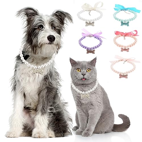 Zunea Hund Katze Perlenketten Halsband mit Bling Kristall Strass Knochen Charm Anhänger Kleine Welpen Hunde Mädchen Verstellbare Halsketten mit Schleife Band Haustier Chihuahua Hochzeit Geburtstag von Zunea