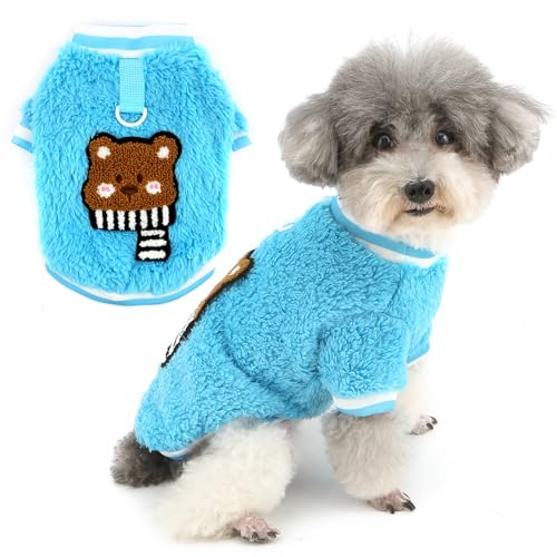 Zunea Hunde-Fleecepullover für kleine Hunde mit niedlichem Bärenmuster, helle Farben, warmer Winterpullover mit Ring für die Leine, weicher Pullover, kaltes Wetter, Chihuahua-Bekleidung, Blau, Größe M von Zunea