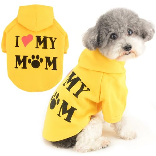 Zunea Hunde Kapuzenpullis Mantel für Kleine Hunde und Katzen Wintermantel mit Geschirr Loch I Love My Mom Bedrucktes Sweatshirt Weiche Welpenpullover Hundejacken Mäntel Chihuahua Kleidung Gelb S von Zunea