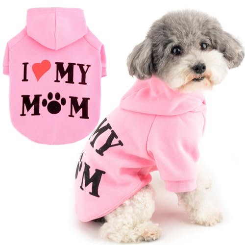 Zunea Hunde Kapuzenpullis Mantel für Kleine Hunde und Katzen Wintermantel mit Geschirr Loch I Love My Mom Bedrucktes Sweatshirt Weiche Welpenpullover Hundejacken Mäntel Chihuahua Kleidung Rosa XS von Zunea