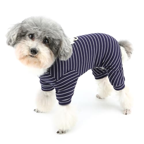 Zunea Hunde-Pyjama für kleine Hunde, gestreift, mit Ring für die Leine, Größe XS/S, weicher 4-beiniger Schlafanzug, atmungsaktiv, Haustierbekleidung für Chihuahua, Yorkie, Blau, Größe XXL von Zunea