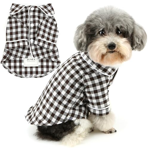 Zunea Hunde Schlafanzug für Kleine Hunde Kariert Atmungsaktiv Welpen Schlafanzug Zweibeinig Pyjama Hemd Schlafen Tragen Outfit Urlaub Party Haustier Bekleidung für Chihuahua Yorkie Kaffee XXL von Zunea