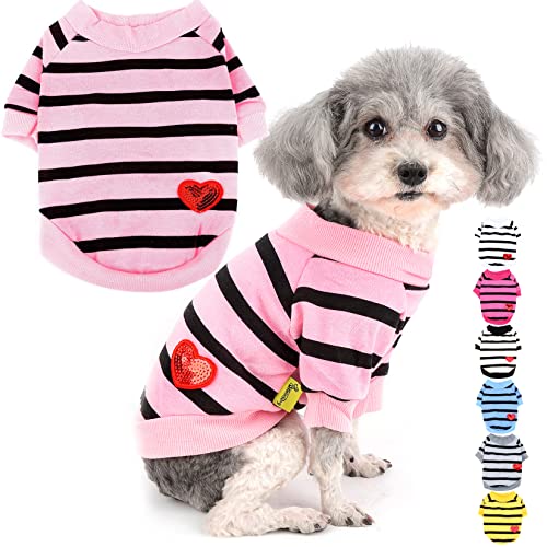 Zunea Hunde-Shirts für Kleine Hunde Sommer Basic T-Shirt Streifen Welpen Kleidung Pailletten Liebe Herz Sweatshirt Weiche Baumwolle Tee Shirt Haustier Pullover Chihuahua Bekleidung Babypink L von Zunea