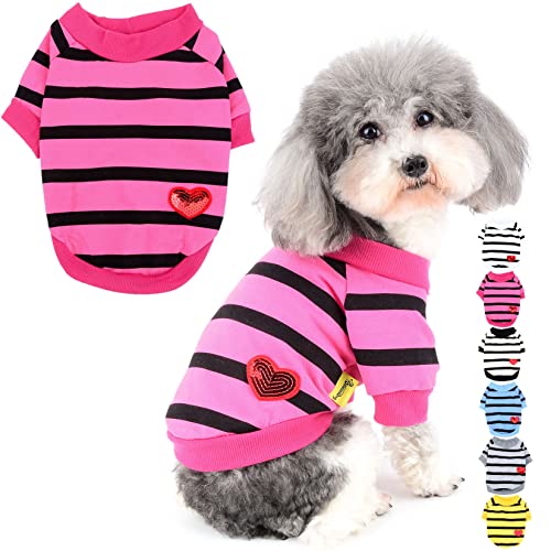 Zunea Hunde-Shirts für Kleine Hunde Sommer Basic T-Shirt Streifen Welpen Kleidung Pailletten Liebe Herz Sweatshirt Weiche Baumwolle Tee Shirt Haustier Kleidung Pullover Chihuahua Bekleidung Rosa XS von Zunea