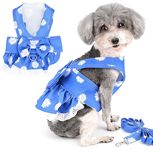 Zunea Hundegeschirr Kleid mit Leine für Kleines Hunde Mädchen Kein Ziehen Welpen Weste Geschirre Blumenmuster Prinzessinnenkleider mit Schleife Haustier Rock Chihuahua Yorkie Bekleidung Dunkelblau XL von Zunea