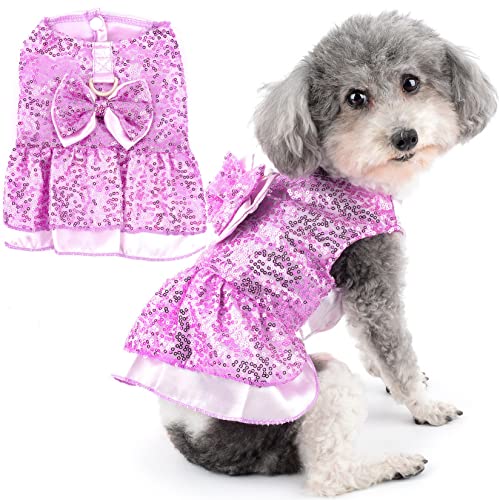 Zunea Hundegeschirr Kleider für Kleine Hunde Mädchen Bling Pailletten Sommer Prinzessin Kleid mit Schleife Knoten D-Ring Welpen Party Kleid Geburtstag Hochzeit Kostüm Chihuahua Kleidung Lila XS von Zunea