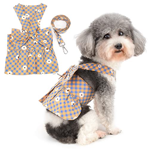 Zunea Hundegeschirr für kleine Hunde, Kleid mit Leine, kein Ziehen, Gänseblümchen, für Welpen, Mädchen, Weste, Geschirre, niedlich, kariert, Prinzessinnenkleider mit Schleife, Chihuahua-Geschirr mit von Zunea
