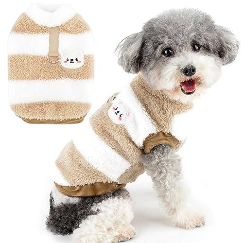 Zunea Hundepullover für Kleine Hunde Katze Fuzzy Sherpa Fleece Hundemäntel Gestreift Winterjacke Mantel mit D-Ring Weich Warm Pullover Weste Welpenkleidung Kaltes Wetter Haustier Chihuahua Braun L von Zunea