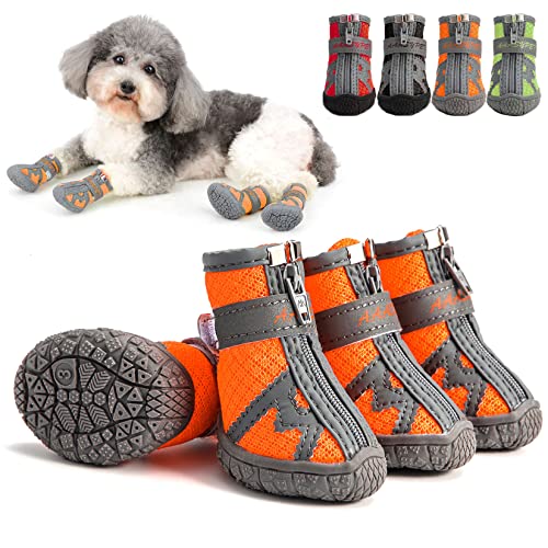 Zunea Hundeschuhe für Kleine Hunde Atmungsaktiv Netzstoff Pfotenschutz Reißverschluss rutschfest Verstellbar Reflektierend Außenbereich Stiefel mit Robuster Sohle für Haustier Chihuahua Orange 4# von Zunea