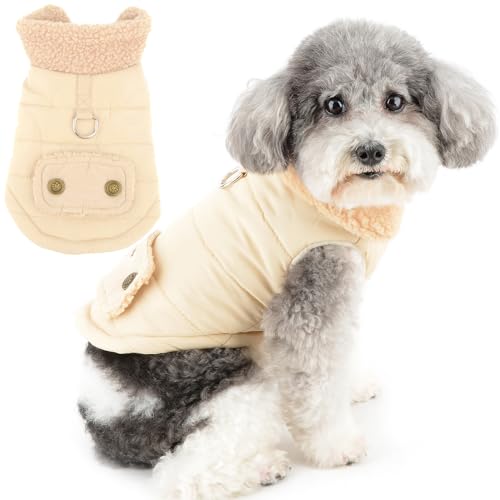 Zunea Kleine Hundejacke mit Leine Ring Winter Warm Fleece Gepolstert Winterjacken Kaltes Wetter Welpen Mäntel Haustierkleidung Weiche Hunde Chihuahua Bekleidung für Kleine Hunde Khaki M von Zunea