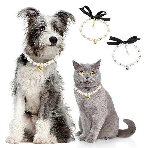 Zunea Perlenketten für kleine Hunde und Katzen, mit Glöckchen, verstellbar, glitzernde Kristall-Strasssteine, Welpenmädchen-Halskette mit Schleife, weibliches Haustier, Kätzchen, Chihuahua, Schmuck von Zunea