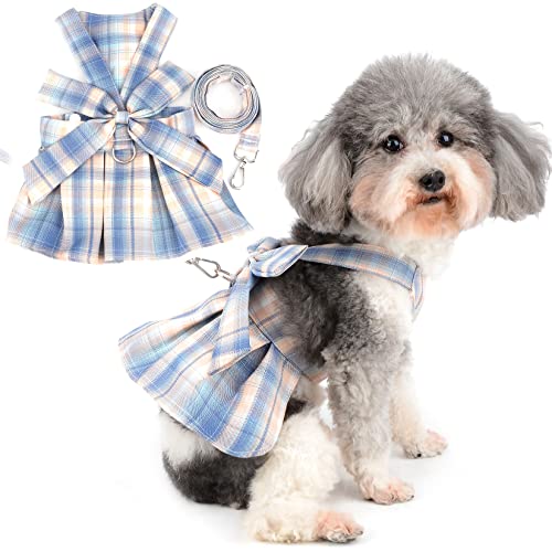 Zunea Plaid Dog Harness Dress for Small Dogs No Pull Vest Harnesses with Leash Set Puppy Girls Princess Dresses with Bow Knot Weiblicher Pet Skirt Cat Chihuahua Clothes Outfits Blue M von Zunea