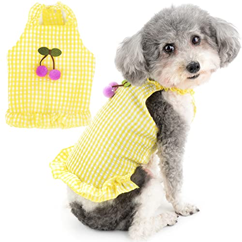 Zunea Plaid Hundekleider für kleine Hunde Sommer Camisole Welpen Prinzessin Kleid mit Niedlicher Kirsche Weiche Weste Sommerkleid Haustier Rüschen Rock Ärmellose Weste Urlaub Chihuahua Outfits Gelb XL von Zunea