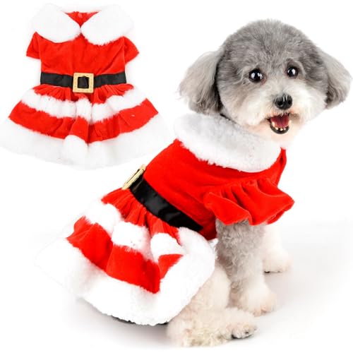 Zunea Samt Weihnachten Hundekleider für kleine Hunde Mädchen Rüschenärmel Winter Weihnachtsmann Welpen Prinzessin Kleid mit Gürtel Fleece Haustier Xmas Rock Neujahr Kostüme Chihuahua Yorkie Kleidung von Zunea