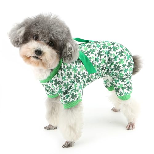 Zunea St. Patrick's Day Schlafanzug für kleine Hunde, Größe XS/S, Kleeblatt-Druck, Welpen-Pyjama, Overall mit Schleife, weich, 4-beinig, für Chihuahua, Haustier-Urlaub, Pyjama, Grün, Größe M Zunea St. Patrick's Day Schlafanzug für kleine Hunde, Größe XS/S, Kleeblatt-Druck, Welpen-Pyjama, Overall mit Schleife, weich, 4-beinig, für Chihuahua, Haustier-Urlaub, Pyjama, Grün, Größe M von Zunea