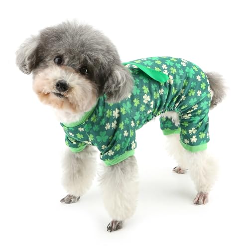 Zunea St. Patrick's Day Schlafanzug für kleine Hunde, Größe XS/S, mit Kleeblatt-Druck, Welpen-Pyjama, Overall mit Schleife, 4-beinig, Schlafkleidung, Chihuahua, Haustier-Urlaubspyjama, Bekleidung, von Zunea