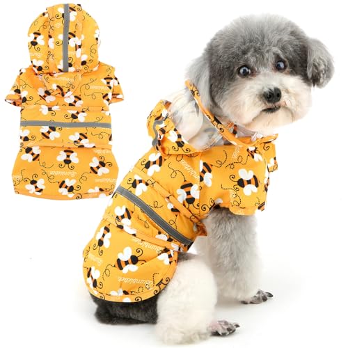 Zunea Wasserdichter Regenmantel mit Kapuze für kleine Hunde Reflektierende Regenjacke für Welpen mit Leinenöffnung Lustiges Bienenmuster Poncho-Regenmantel für Hunde Chihuahua-Regenbekleidung Orange S von Zunea