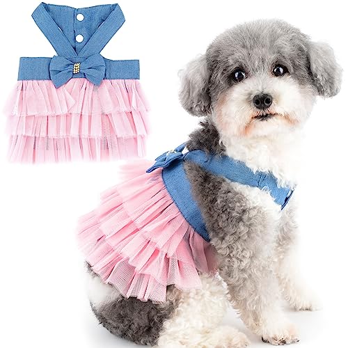 Zunea Weiche Denim Hundekleider für kleine Hunde Mädchen Sommer Tutu Prinzessin Kleid mit Bowknot Tiered Layer Tüll Hunde Geburtstag Party Hochzeitskleider Strapse Welpenkleidung Spitze Weste XL von Zunea