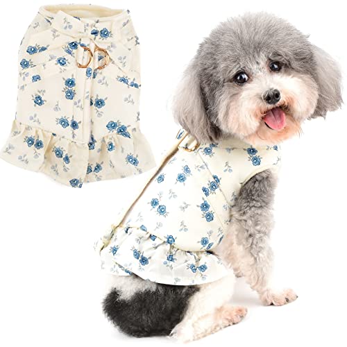 Zunea Winter Hundegeschirr Kleider für kleine Hunde Mädchen Blumen Gedruckt Prinzessin Kleid Warm Fleece Gefüttert Welpenkleidung mit Schleife D-Ring Mantel Haustier Rock Chihuahua Bekleidung Blau L von Zunea