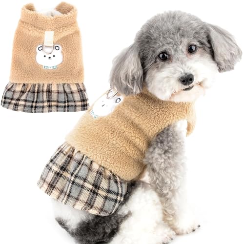 Zunea Winter Hundekleider für Kleine Hunde Mädchen Weiches Warmes Fleece Welpen Prinzessinnenkleid mit D-Ring Kaltes Wetter Karierter Rock Niedliches Bärenmuster Kleider für Chihuahua Yorkie Khaki S von Zunea
