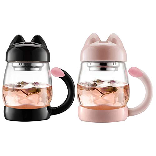 Zunedhys 2 Stück 420 ml tragbare süße Katzenschwanz-Glas-Teetasse mit Deckel, hitzebeständige Tassen mit Sieb, schwarz und rosa von Zunedhys