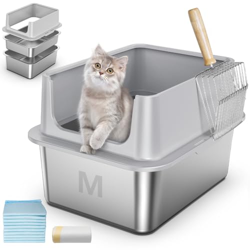 Edelstahl-Sieb-Katzentoilette, 43,2 cm L x 33 cm B x 27,4 cm H, hohe Seiten, Metallsieb-Katzentoilette für Kiefernpellets, geschlossene Siebbox mit Deckel, auslaufsicher, leicht zu reinigen, für von Zuqqony