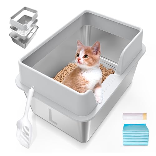 Katzentoilette aus Edelstahl mit Deckel, L-hohe Seiten, Metall-Siebtoilette für Kiefernpellets, geschlossene Siebbox für kleine Katzen, Anti-Auslauf, leicht zu reinigen, inklusive Schaufel, Liner von Zuqqony