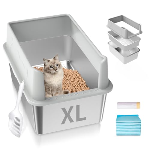 Katzentoilette aus Edelstahl mit Deckel, XL hohe Seiten, Metall-Siebbox für Kiefernpellets, geschlossene Siebbox für große Katzen, Anti-Auslauf, leicht zu reinigen, inklusive Schaufel, Liner Katzentoilette aus Edelstahl mit Deckel, XL hohe Seiten, Metall-Siebbox für Kiefernpellets, geschlossene Siebbox für große Katzen, Anti-Auslauf, leicht zu reinigen, inklusive Schaufel, Liner von Zuqqony