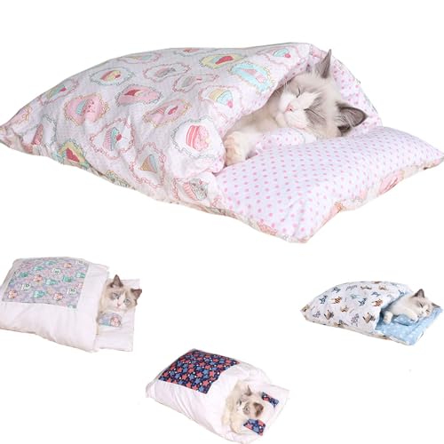 Orthopädischer Katzenschlafsack, winterwarmes Katzenhaus, kleines Haustierbett, Waschbare Kleines Haustierbett Für Katzen Hunde (M, rosa EIS) von Zureto