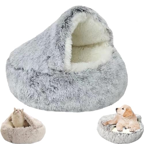 Zureto Gemütliches Cocoon-Haustierbett für Hunde, Winter-Haustierbett, überdachtes Hundebett für kleine Hunde, bequemes Cocoon-Haustier-Plüschbett für den Winter (40cm*40cm, Grey Long Plush) von Zureto