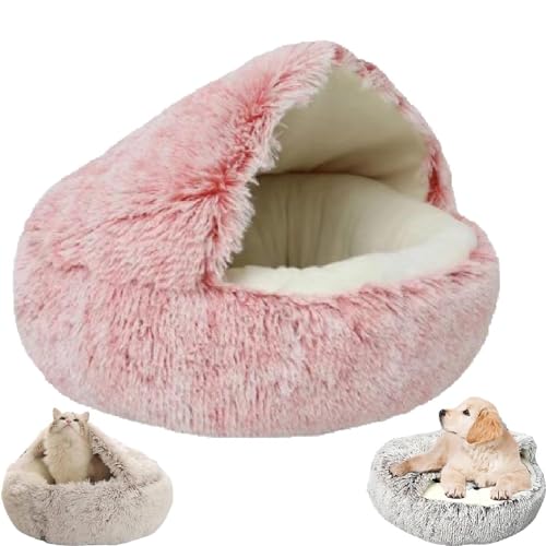 Zureto Gemütliches Cocoon-Haustierbett für Hunde, Winter-Haustierbett, überdachtes Hundebett für kleine Hunde, bequemes Cocoon-Haustier-Plüschbett für den Winter (50cm*50cm, Pink Short Plush) von Zureto