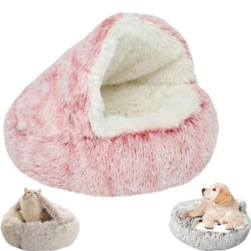 Zureto Gemütliches Cocoon-Haustierbett für Hunde, Winter-Haustierbett, überdachtes Hundebett für kleine Hunde, bequemes Cocoon-Haustier-Plüschbett für den Winter (60cm*60cm, Pink Long Plush) von Zureto