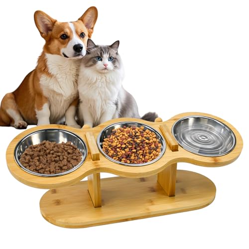 Zuxbolf Katzennapf Erhöht Futterstation Katzen mit 3 Edelstahl Schüsseln 15° Gekippte Ergonomischer Futterstation Höhe Verstellbar Futternapf Fressnapf und Wassernapf für Katzen und Kleine Hunde von Zuxbolf