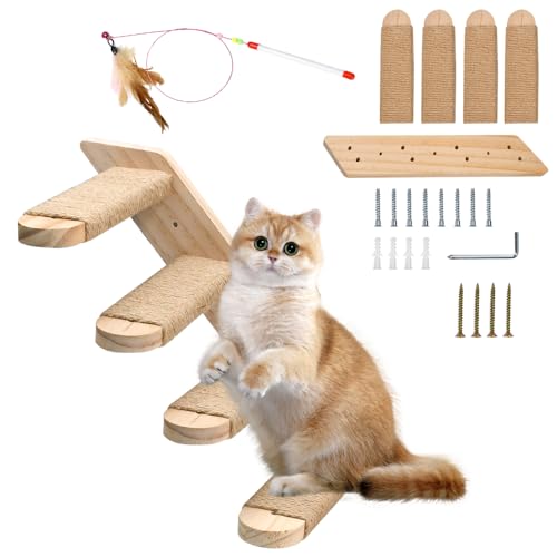 Zuxbolf Katzentreppe Kletterwand Holz 4 Stufen Katzenleiter mit Juteseil & Spielangel bis 15kg Traglast für Wandmontage 40cm Katzenwand Katzenspielzeug zum Klettern Spielen von Zuxbolf