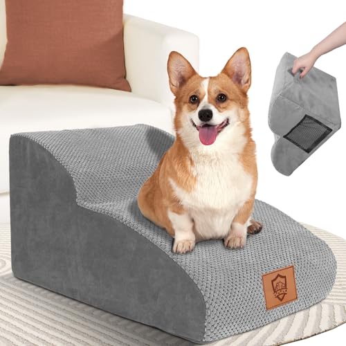 Zvonema Hundetreppe mit 2 Stufen, Treppe für Hunde, rutschfest & wasserdicht, Hunderampe für Sofa & Bett mit abnehmbarem & waschbarem Bezug, Tritthocker für Tiere, Grau von Zvonema