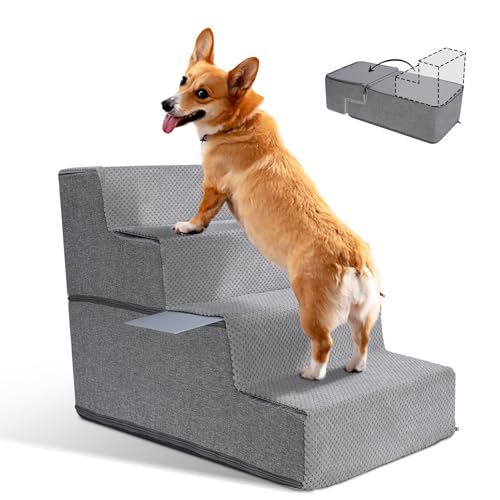 Zvonema Hundetreppe, Hundetreppe für Kleine Hunde, Hundetreppe 4 Stufen aus Memory-Schaum, abnehmbare Haustiertreppe, rutschfeste Katzentreppe, geeignet für ältere verletzte Hunde (58x38x48CM) von Zvonema