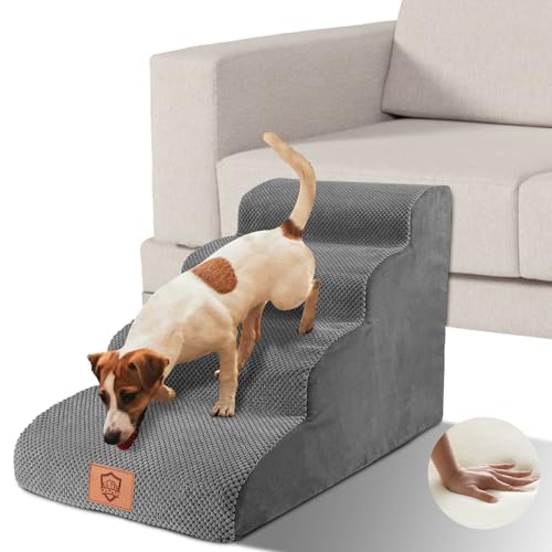 Zvonema Hundetreppe 4 Stufen, Weiche Hunde Treppe aus Schwammstoff, rutschfeste Hunderampe für Sofa & Bett, Waschbarer Bezug, Geeignet für Große Hunde & Katzen, Grau von Zvonema